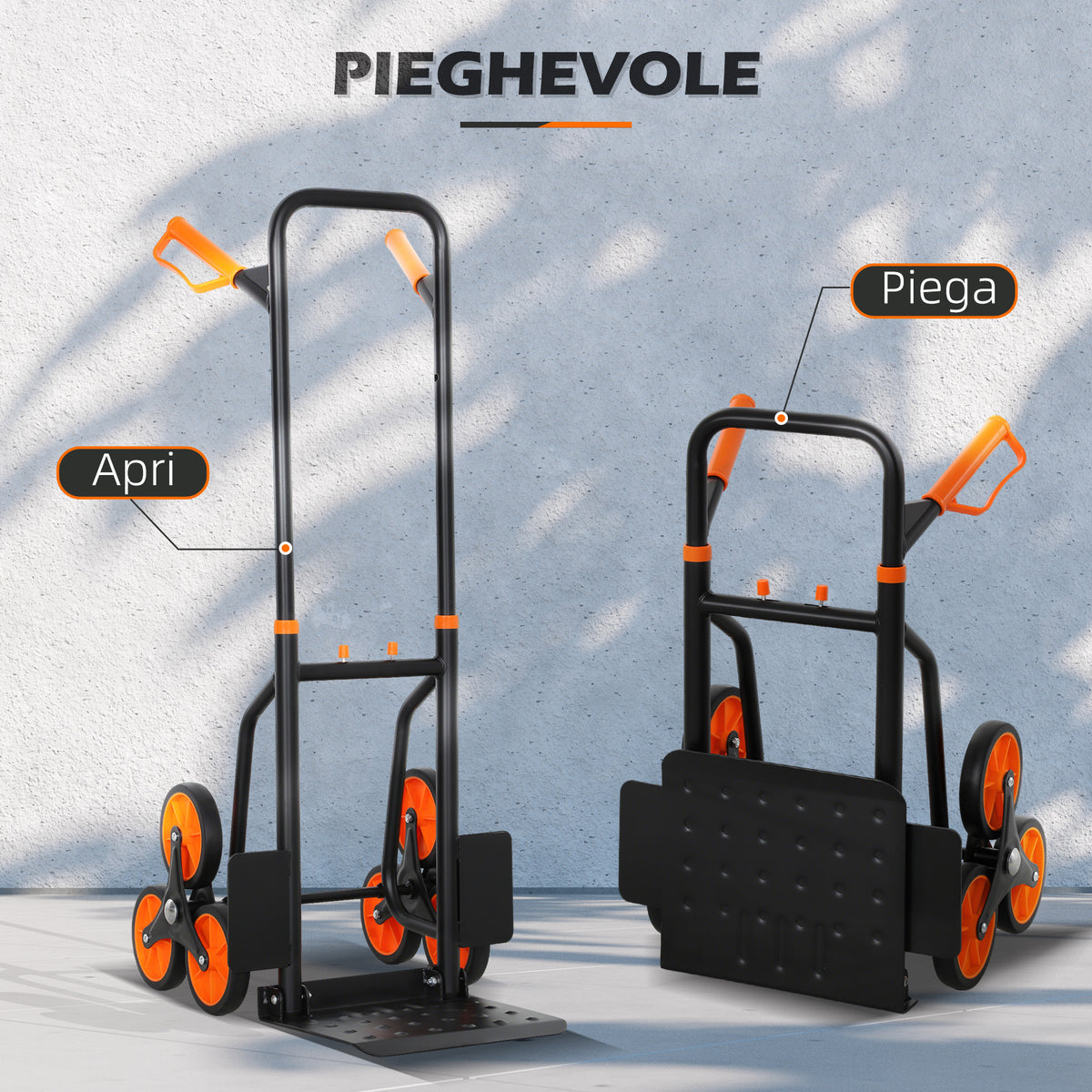 Carrello Portapacchi per Scale 6 Ruote, Pieghevole, Portata 120kg, in Acciaio, per Trasloco, Giardinaggio, Arancione