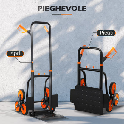 Carrello Portapacchi per Scale 6 Ruote, Pieghevole, Portata 120kg, in Acciaio, per Trasloco, Giardinaggio, Arancione
