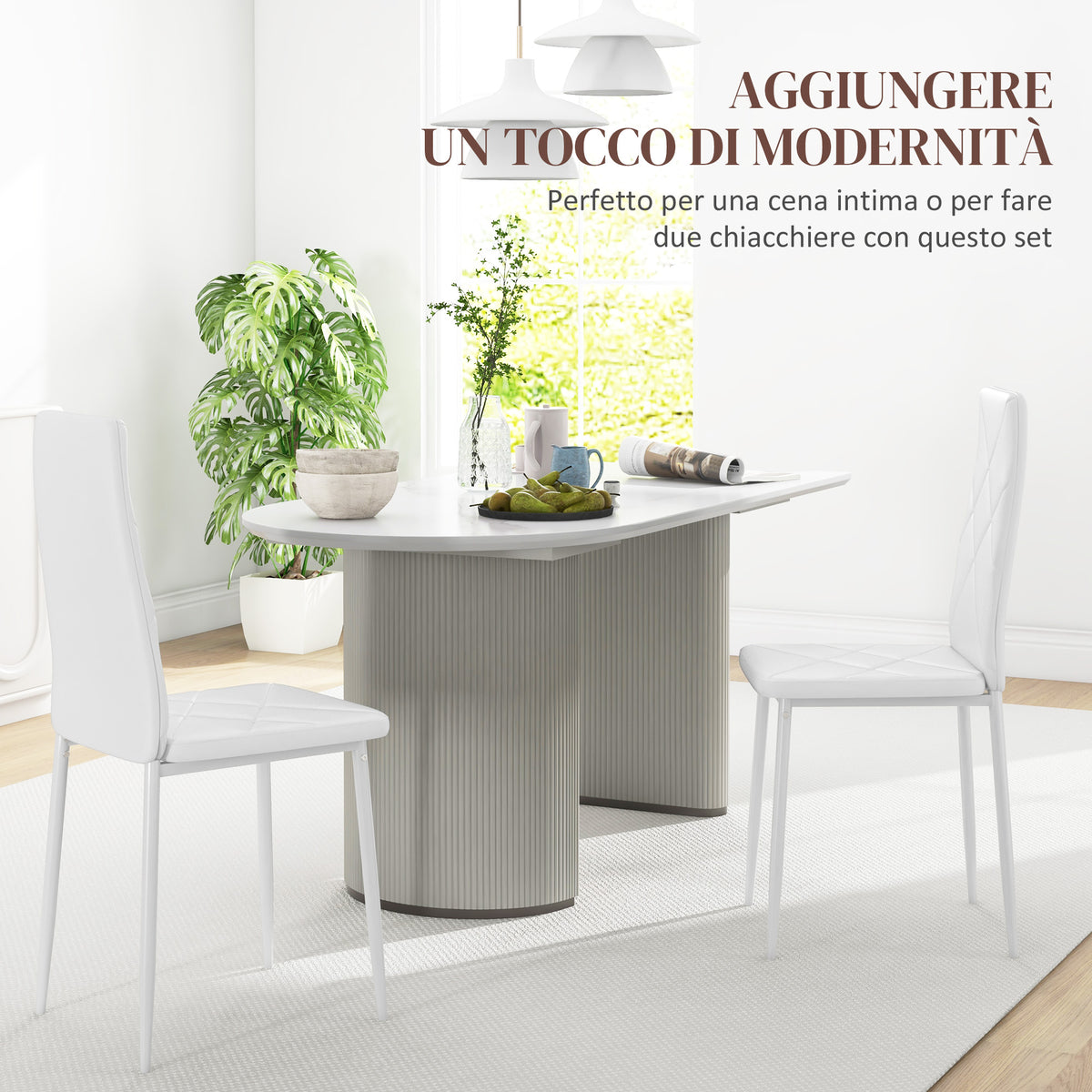 Set di 2 Sedie Moderne imbottite da Pranzo con Schienale Alto, in Pelle e Acciaio,rivestimento a polvere, 41x50x97 cm, Bianco  Italy