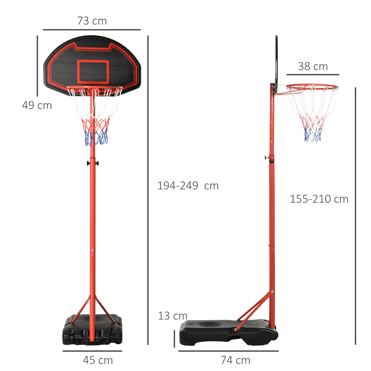 Canestro Basket da Esterno con Altezza Regolabile 193.5-248.5cm e Base Riempibile con Acqua o Sabbia, 73x49x194-249 cm