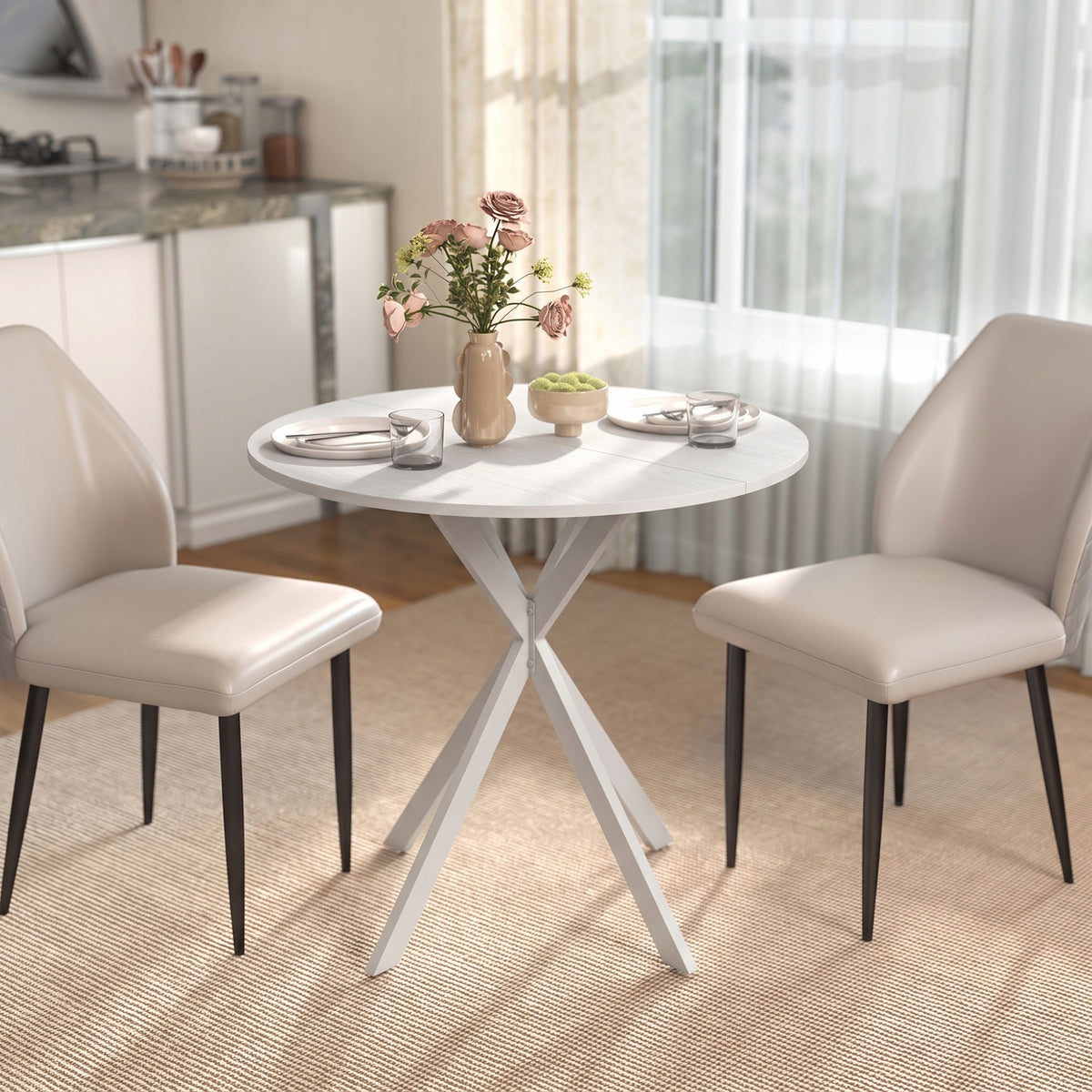 Tavolo da Pranzo Rotondo Stile Industriale con Gambe a Croce in Acciaio, 80x75 cm, Bianco