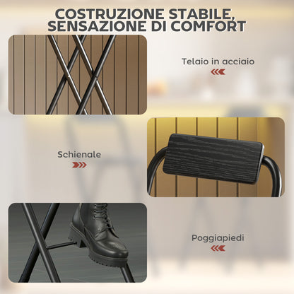Set 2 Sgabelli da Bar Pieghevoli con Poggiapiedi, in Legno e Acciaio, 37x45x87 cm, Nero