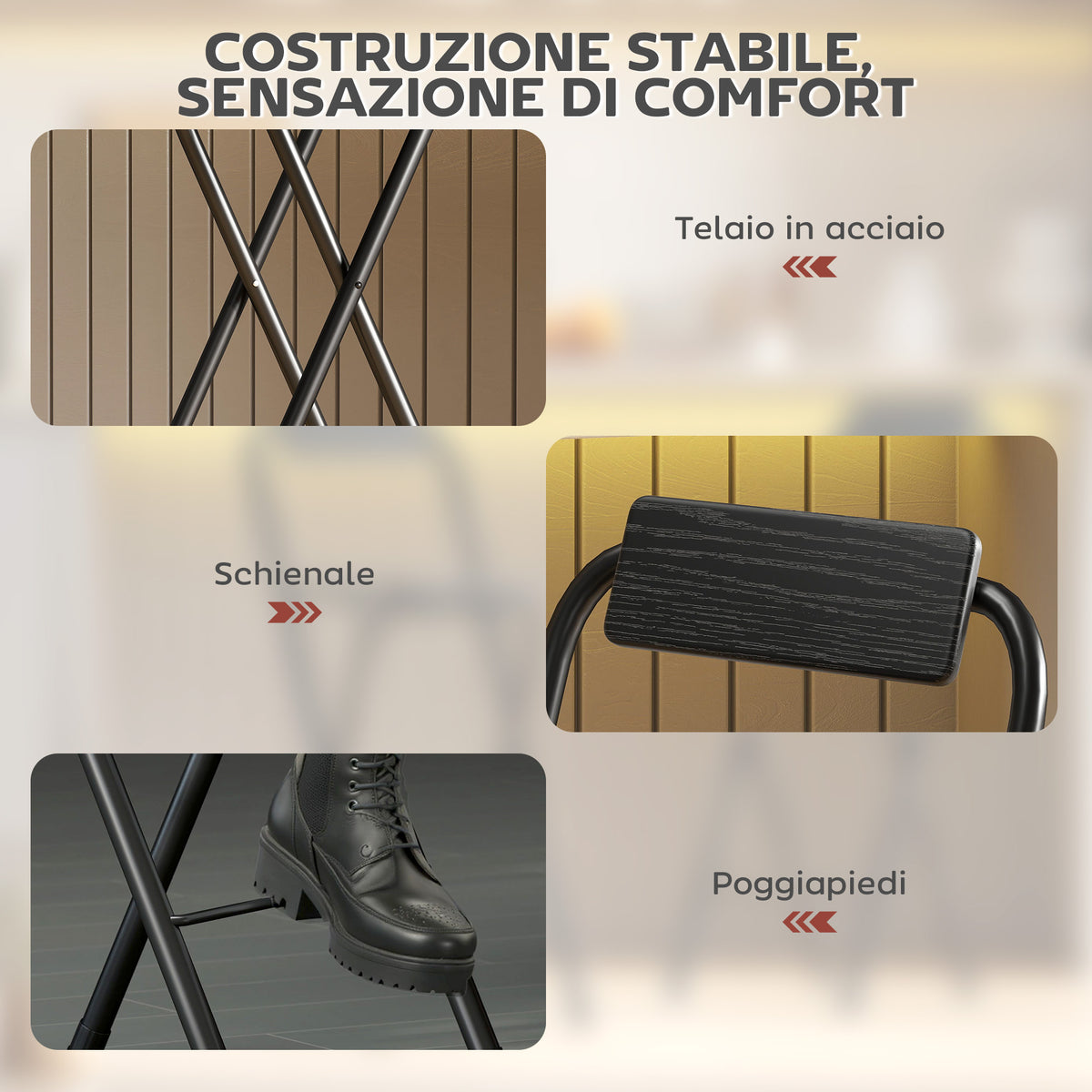 Set 2 Sgabelli da Bar Pieghevoli con Poggiapiedi, in Legno e Acciaio, 37x45x87 cm, Nero