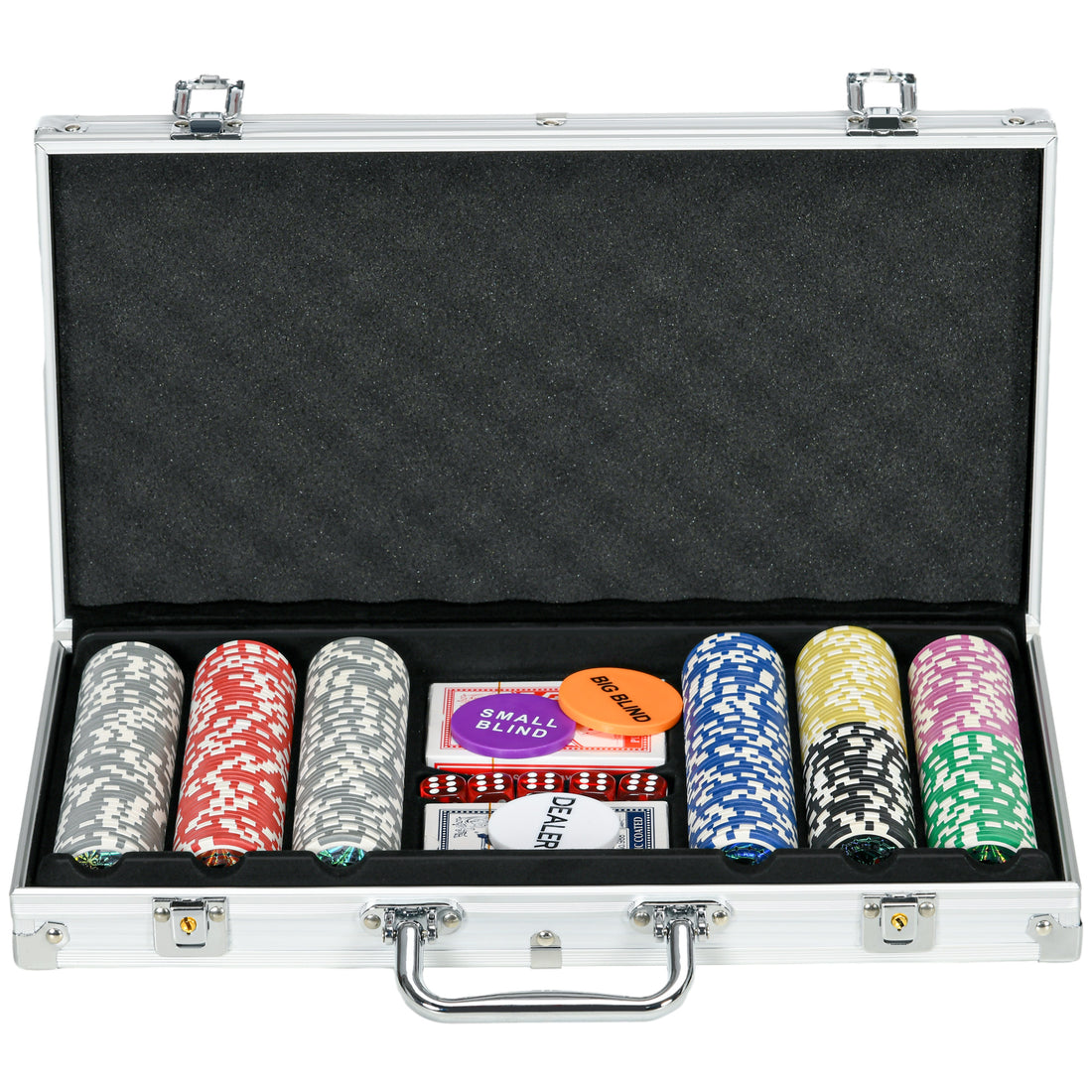 Set Poker per 7-8 Giocatori con 300 Fiches, 2 Mazzi di Carte e 5 Dadi, in Alluminio e Poliestere