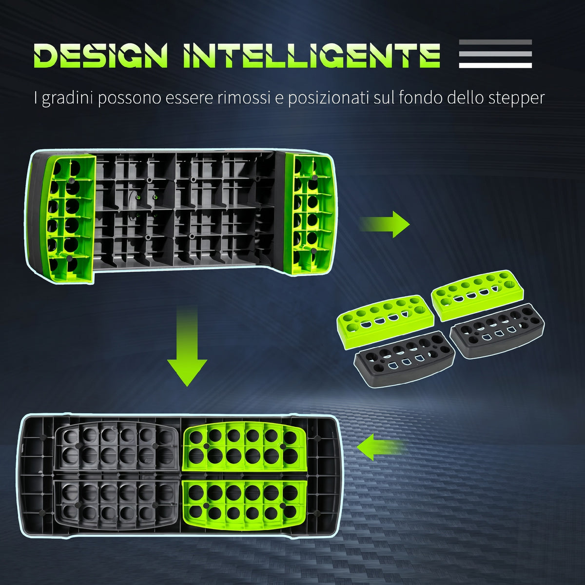 Step Fitness per Aerobica Antiscivolo e Regolabile su 3 Altezze, in PP, 78x28x10/15/20 cm, Verde e Grigio