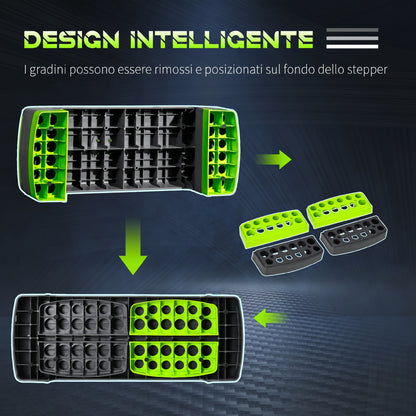 Step Fitness per Aerobica Antiscivolo e Regolabile su 3 Altezze, in PP, 78x28x10/15/20 cm, Verde e Grigio