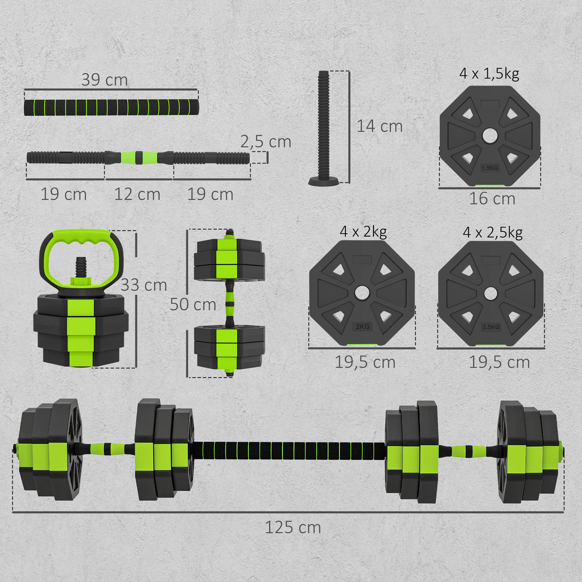 Set Pesi Palestra 6 in 1 Multifunzione da 25kg Totali in Plastica e Sabbia, 125x18x18 cm, Verde