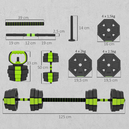 Set Pesi Palestra 6 in 1 Multifunzione da 25kg Totali in Plastica e Sabbia, 125x18x18 cm, Verde