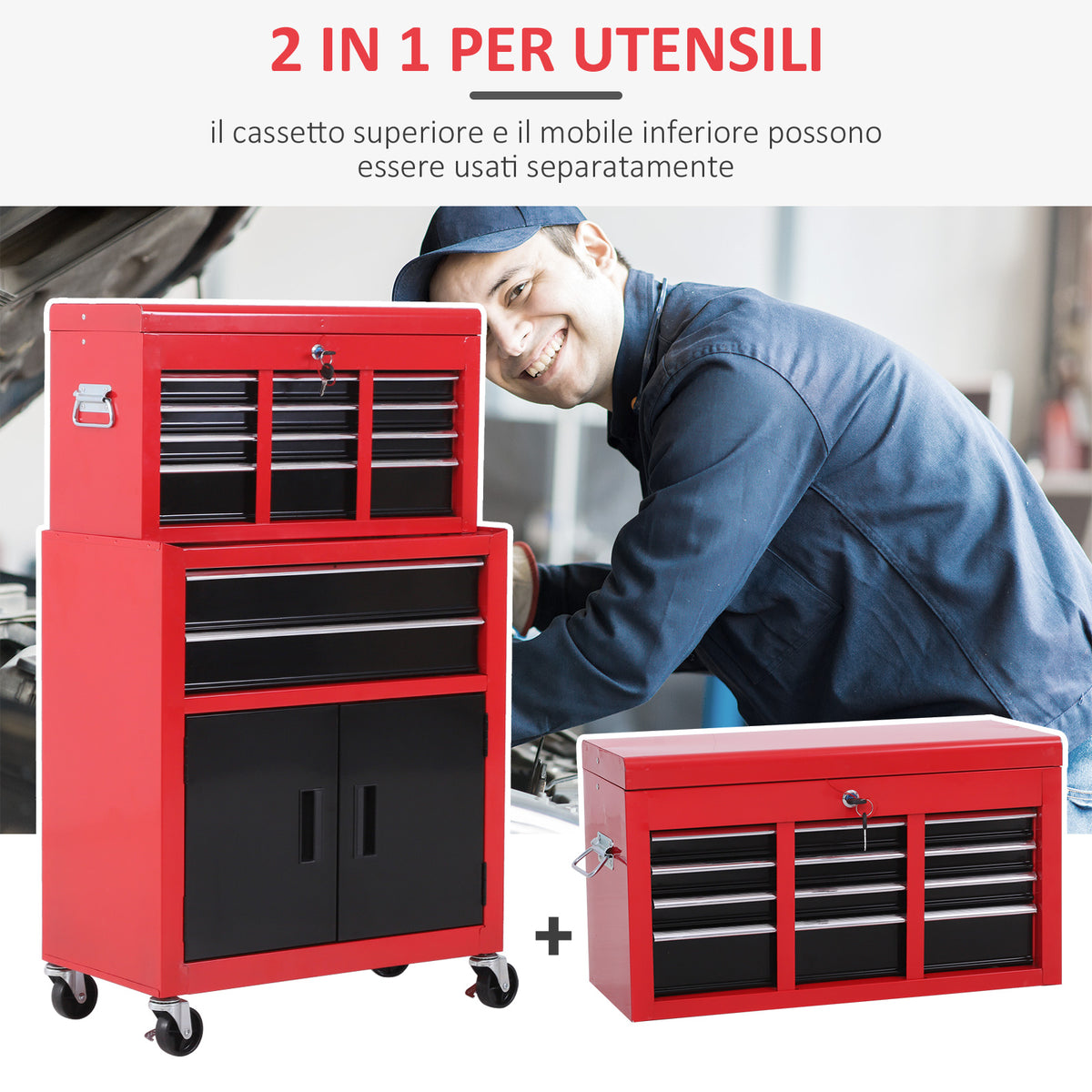 Carrello Porta Attrezzi 2 in 1 con Cassetta Superiore e Armadietto Inferiore, in Metallo, 61.6x33x108 cm, Rosso