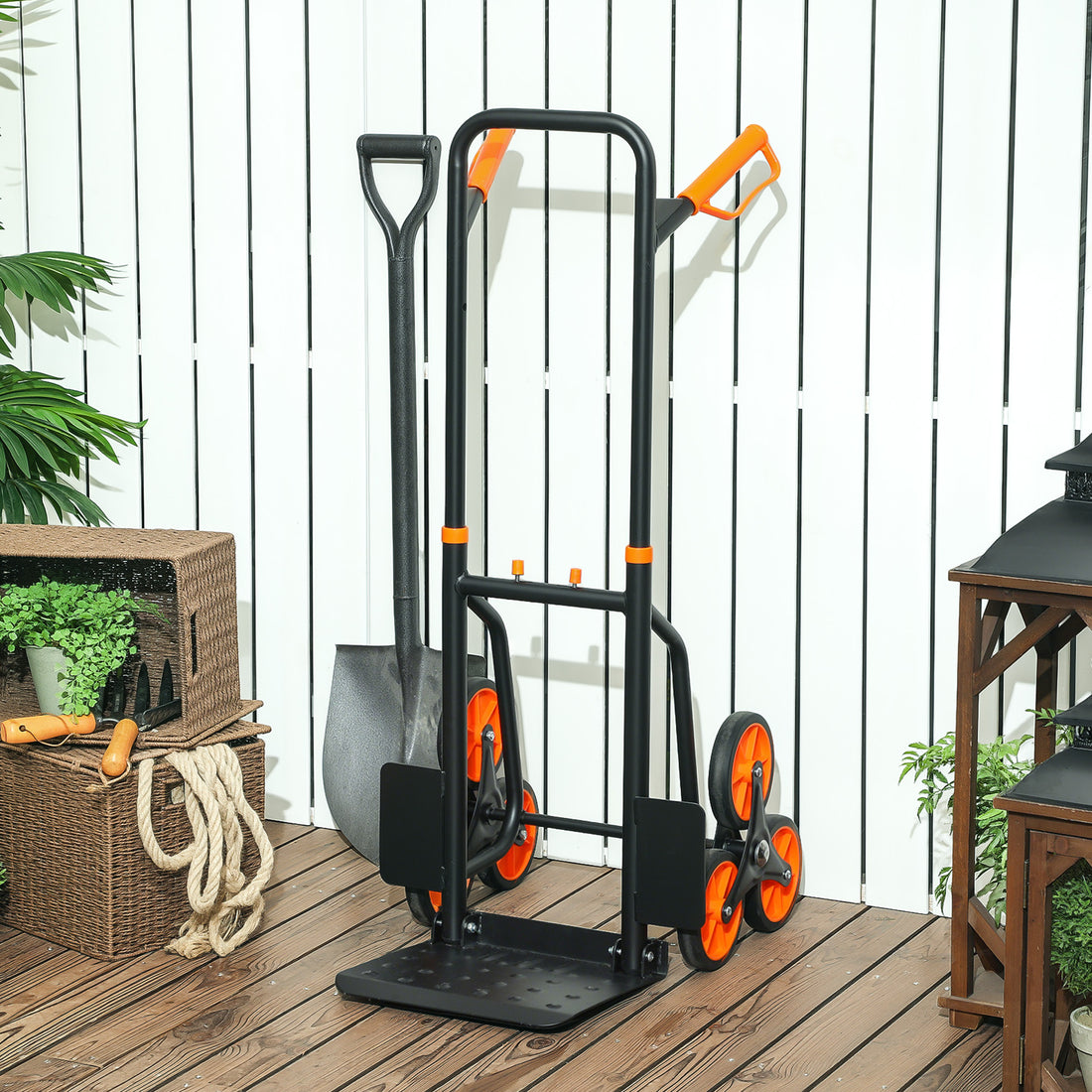 Carrello Portapacchi per Scale 6 Ruote, Pieghevole, Portata 120kg, in Acciaio, per Trasloco, Giardinaggio, Arancione