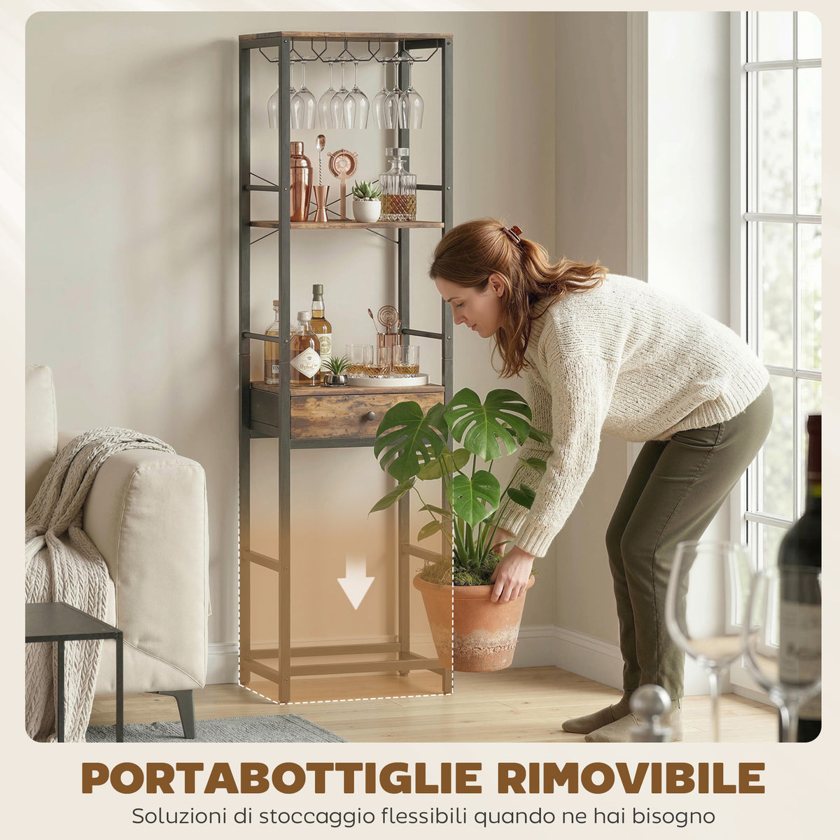 Mobile Bar, Mobile da Bar con Cassetto, Portabicchieri, Marrone Rustico