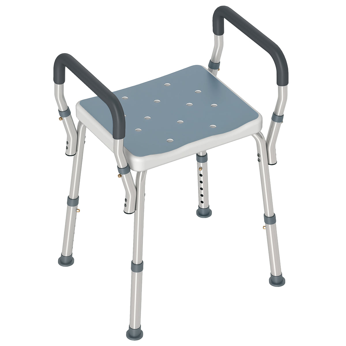 Sgabello per Doccia Regolabile con Braccioli e Fori di Drenaggio, in Alluminio, HDPE e EVA, 52x45x57-69 cm
