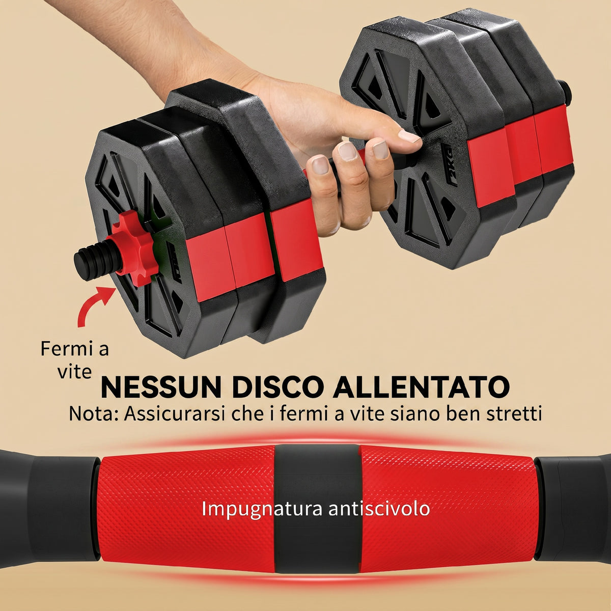 Set Pesi Palestra 6 in 1 Multifunzione da 20kg Totali in Plastica e Sabbia, 125x18x18 cm, Rosso
