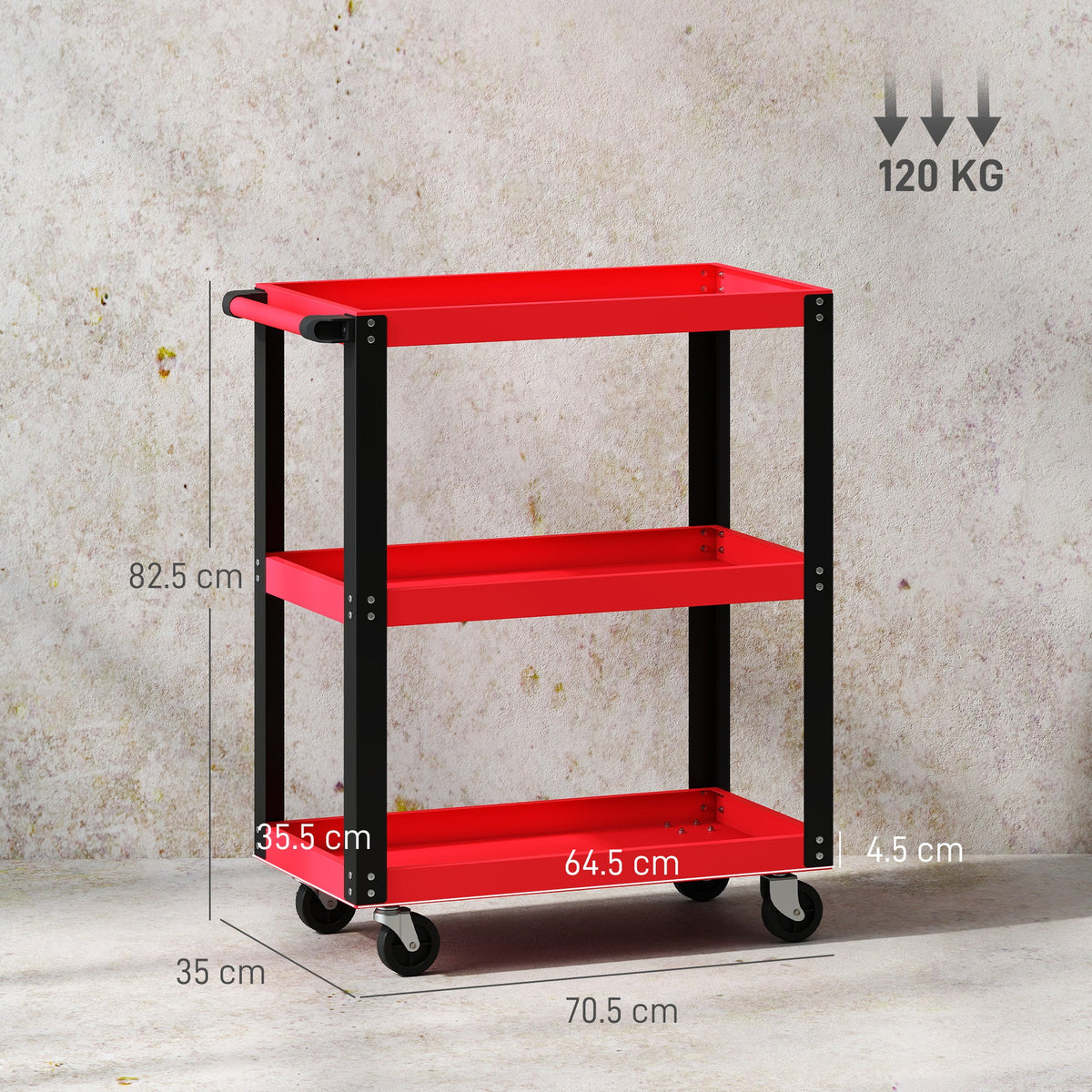 Carrello Porta Attrezzi a 3 Ripiani in Metallo e PP, 70.5x35x82.5 cm, Rosso e Nero