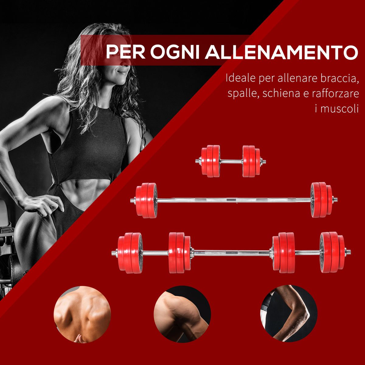 Set di Manubri Pesi 2 in 1 da 30kg, Dischi con Rivestimento in Plastica Antigraffio, Rosso e Nero