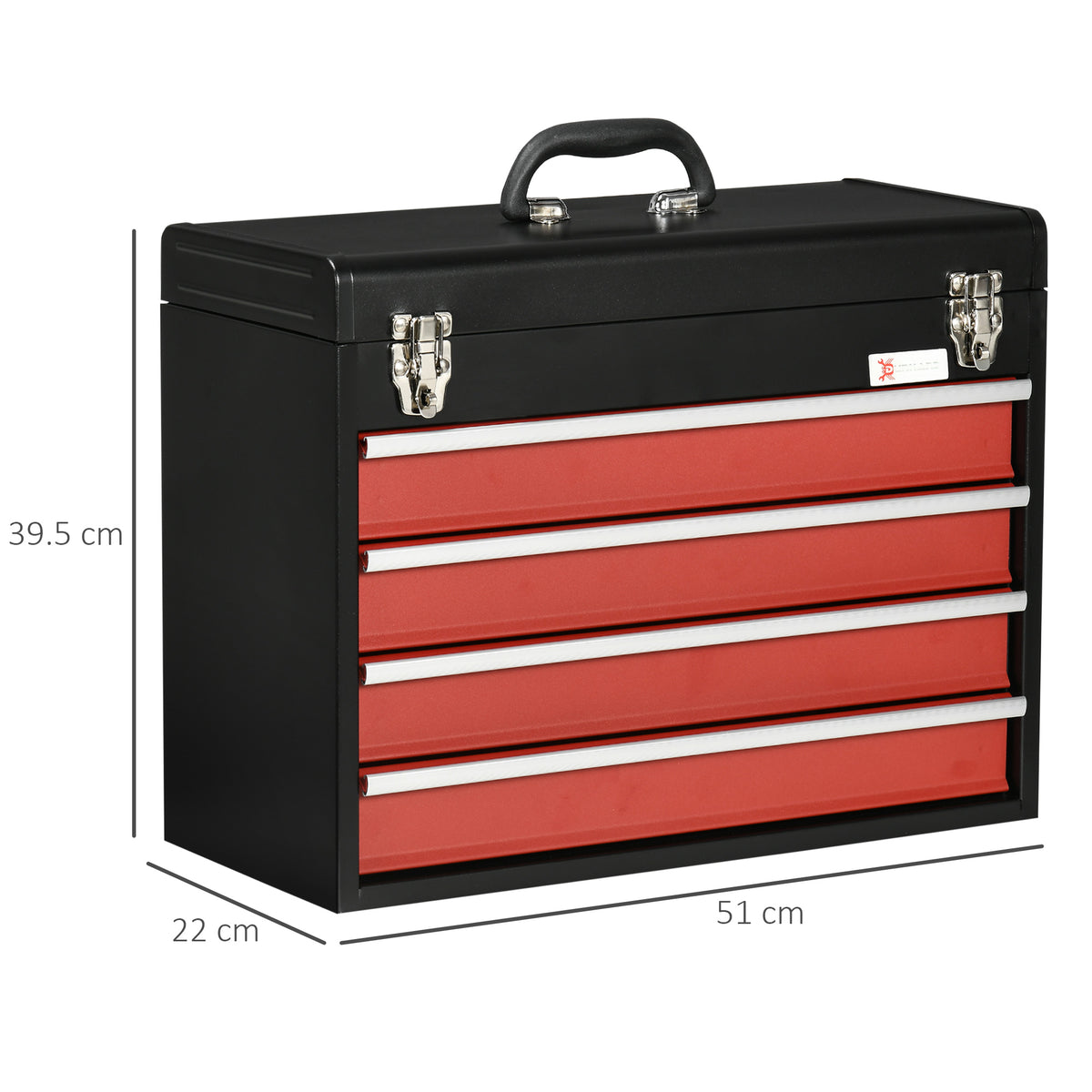 Cassetta Porta Attrezzi in Acciaio con 4 Cassetti e Vassoio Superiore, 51x22x39.5 cm, Rosso e Nero