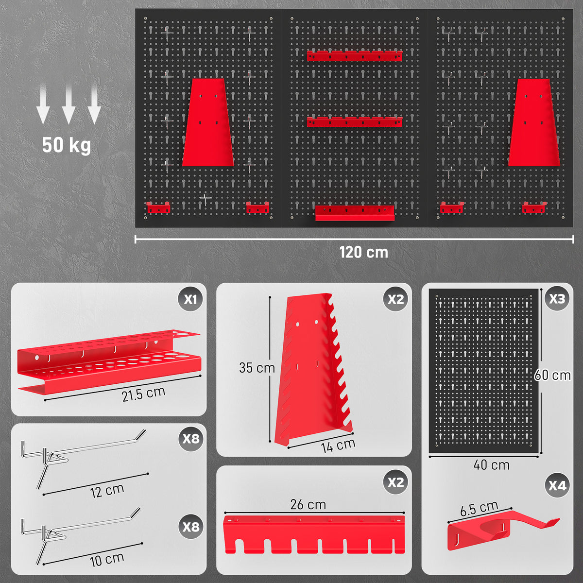 Set 3 Pannelli Porta Attrezzi da Parete in Acciaio con 9 Supporti e 16 Ganci, Nero e Rosso