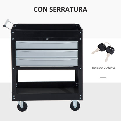 Carrello da Officina Professionale Cassettiera Portautensili in Lamiera, Nero, 68 x 46 x 88cm