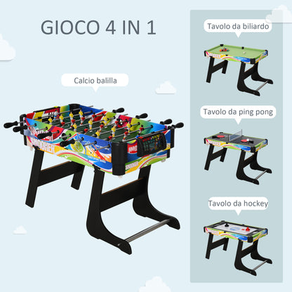Tavolo da Gioco 4 in 1 Pieghevole per Calcio-Balilla, Biliardo, Air Hockey e Ping Pong, in MDF e Plastica