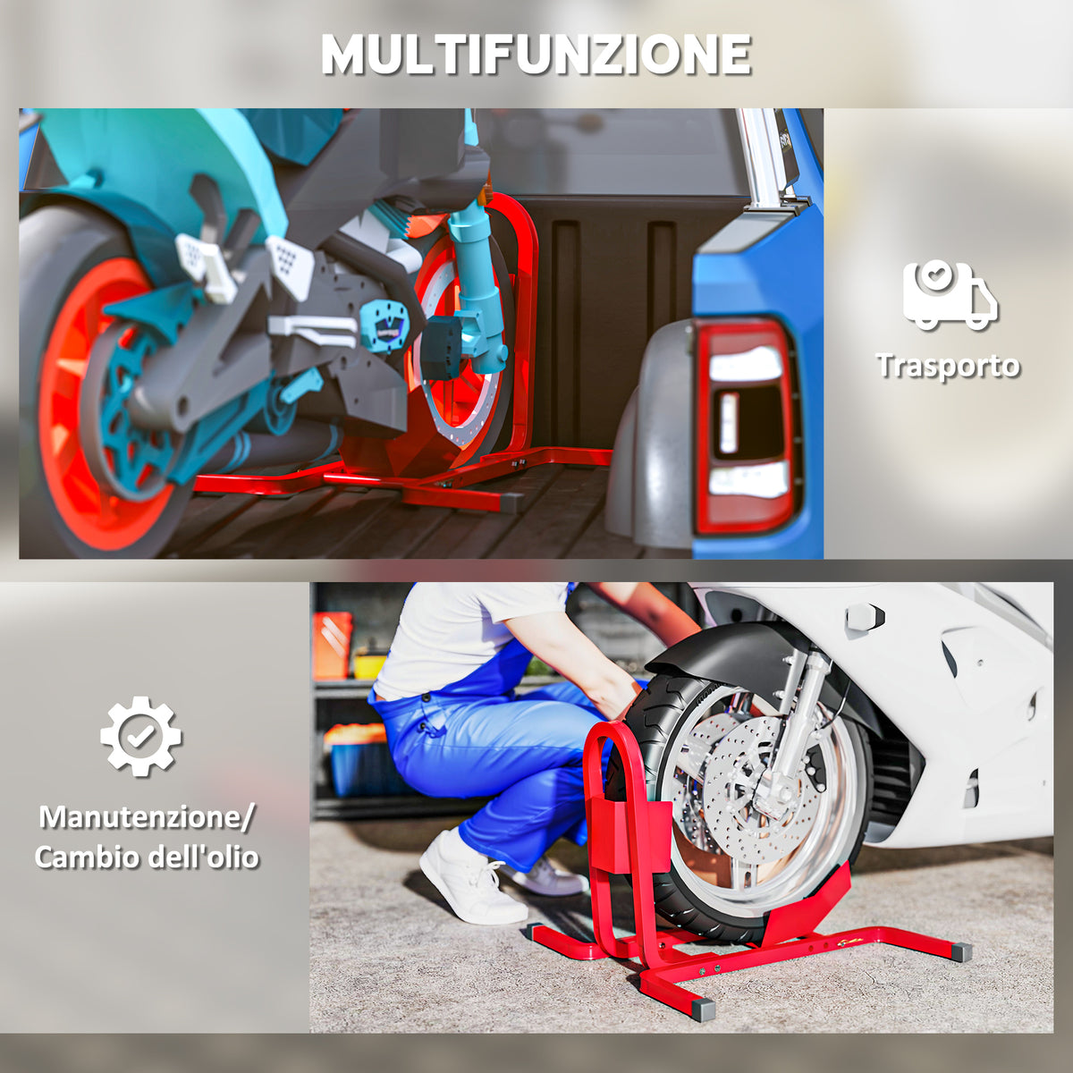 Blocca Ruota Moto Regolabile su 3 Livelli da 250 kg max in Metallo, 60x55x43 cm, Rosso