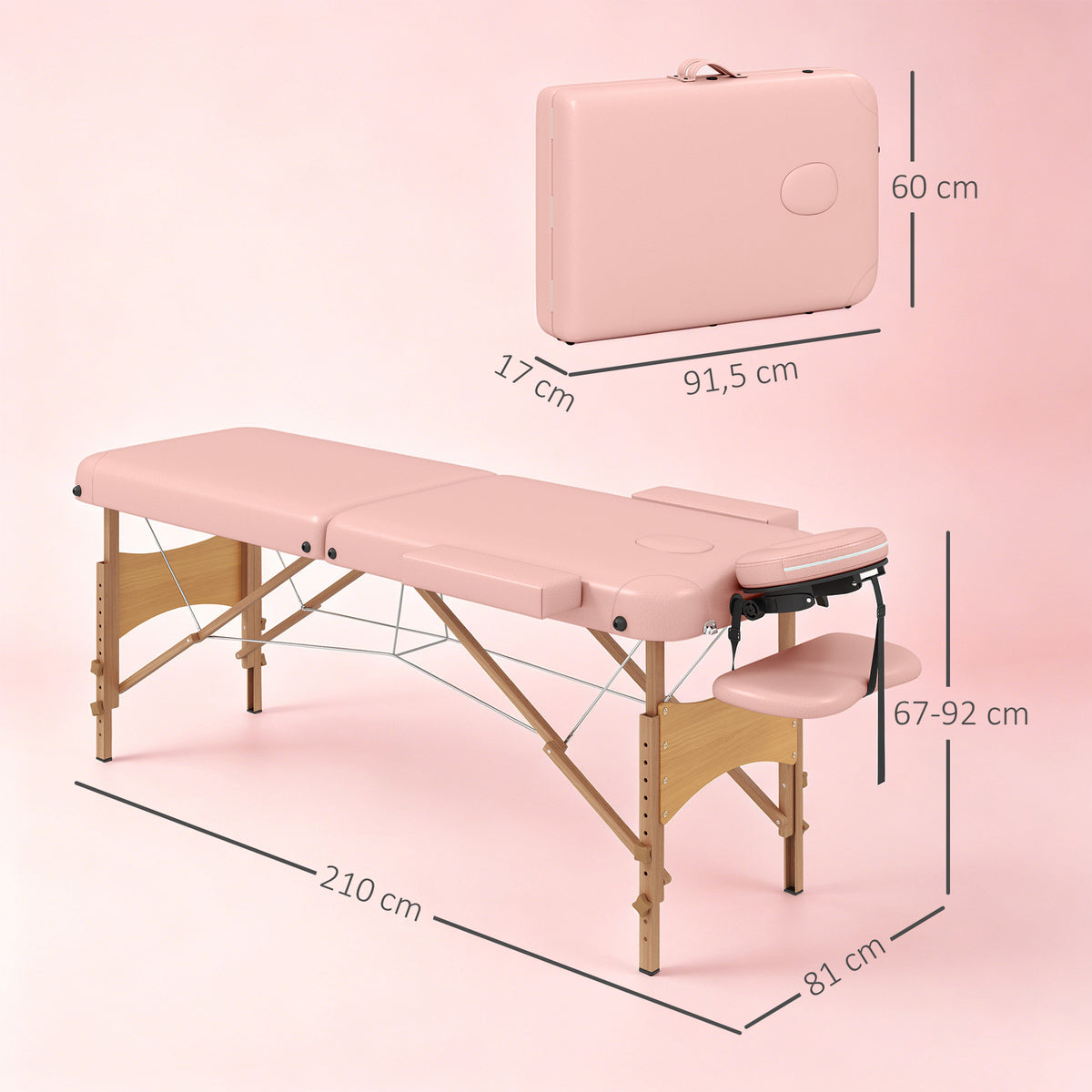 Lettino da Massaggio Pieghevole con Altezza Regolabile e Borsa di Trasporto, Struttura in Legno, Rosa