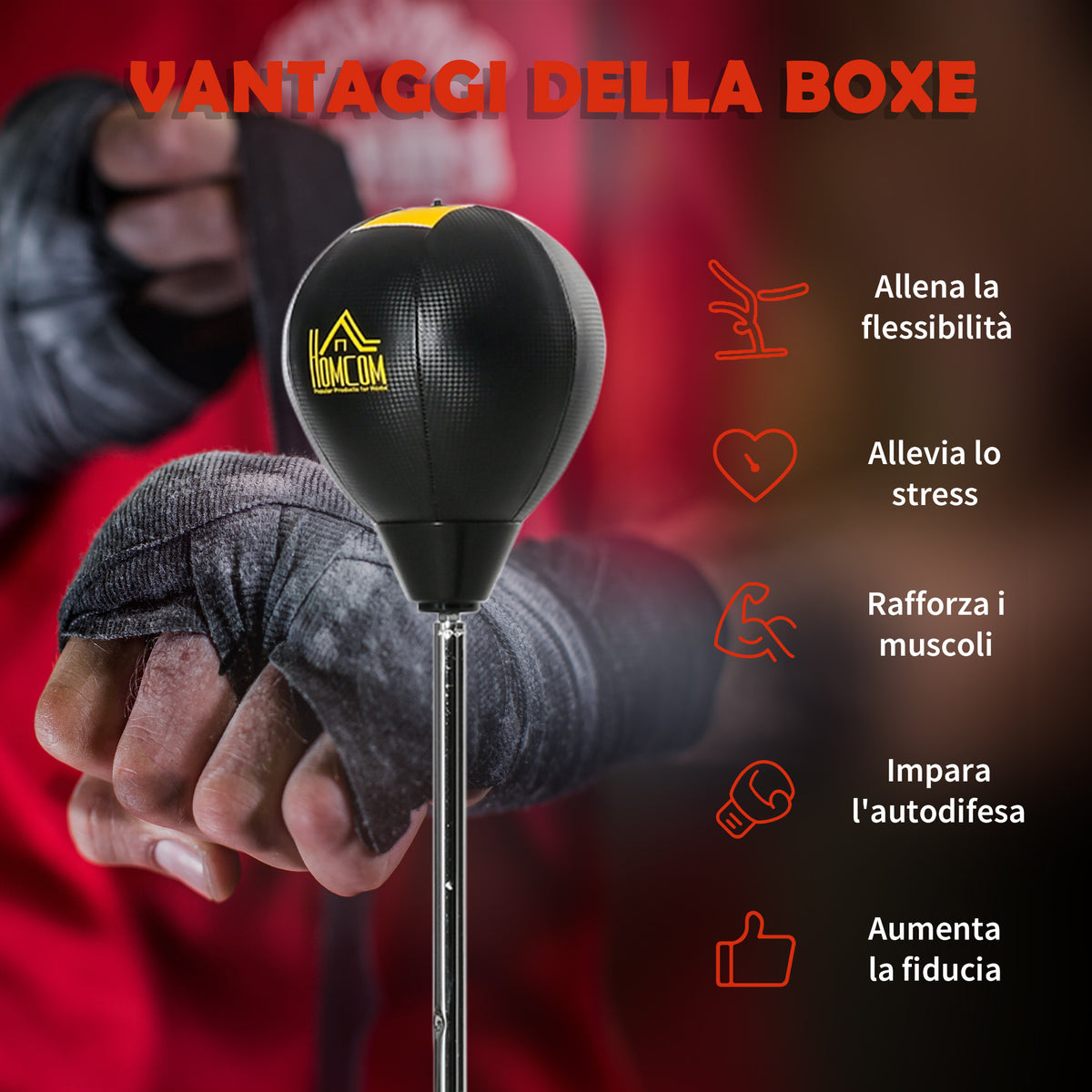 Sacco da Boxe ad Altezza Regolabile, Guanti Inclusi, in PE e Metallo, 45x45x133-151cm, Oro