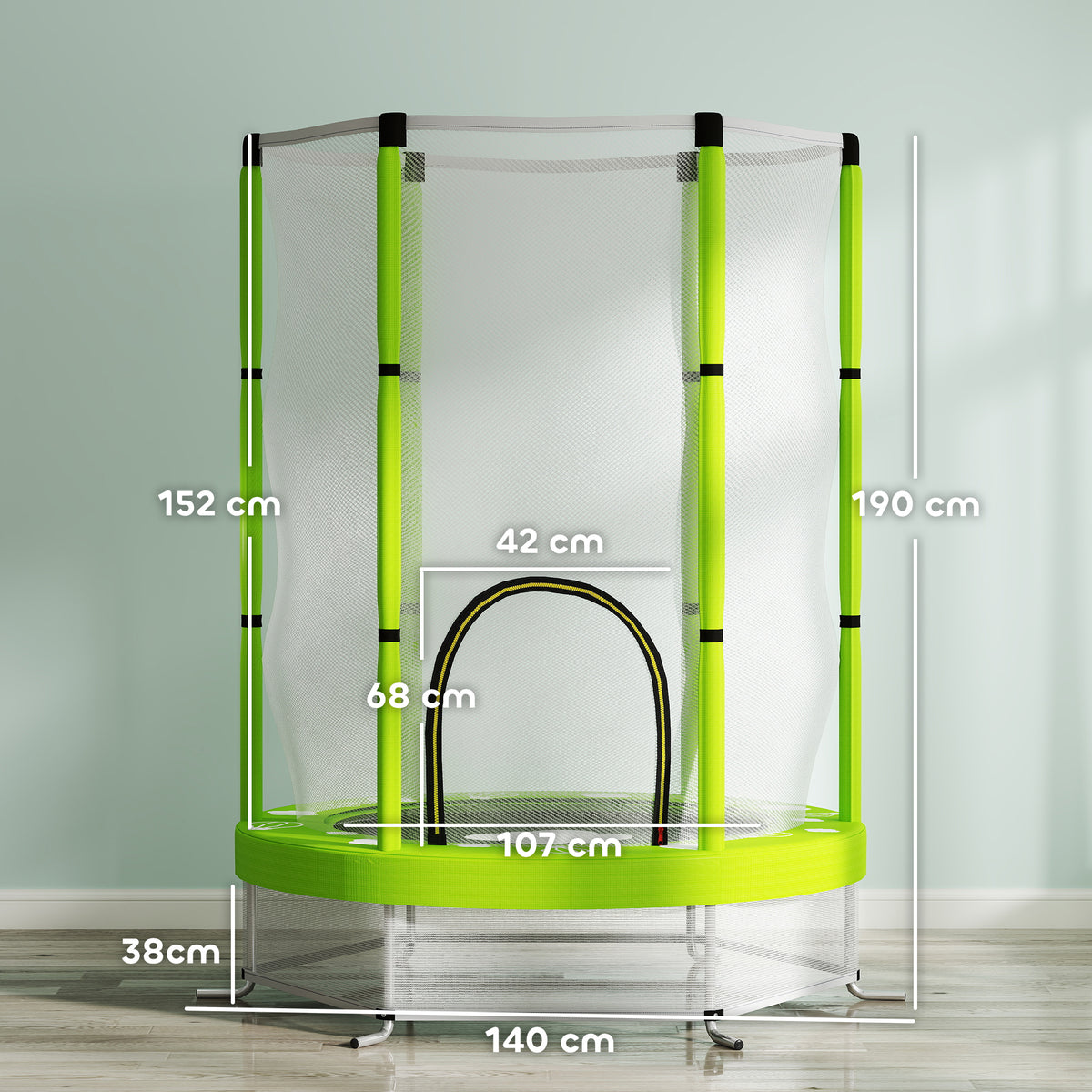 Trampolino Elastico per Bambini 140 cm con Rete di Sicurezza e Disegni, Età 3-6 Anni, Verde