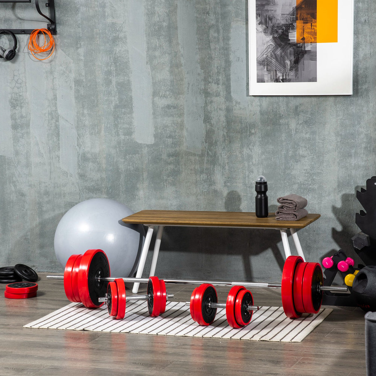Set Bilanciere e Dischi 65kg totali per Workout in Casa, in Metallo, Sabbia di Ferro e Gomma, Rosso