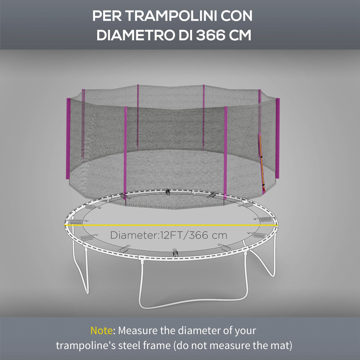 Rete di Protezione per Trampolini a 8 Pali con Ingresso con Cerniera, in PE, 366x180 cm, Nero e Rosa