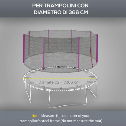Rete di Protezione per Trampolini a 8 Pali con Ingresso con Cerniera, in PE, 366x180 cm, Nero e Rosa