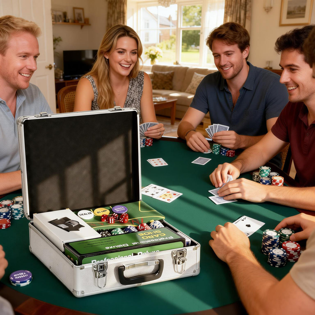 Set da Poker Completo con 500 Fiches, Mescolatore di Carte, Distributore di Carte, Tappetino, 5 Dadi, Argento