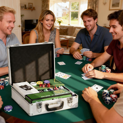 Set da Poker Completo con 500 Fiches, Mescolatore di Carte, Distributore di Carte, Tappetino, 5 Dadi, Argento