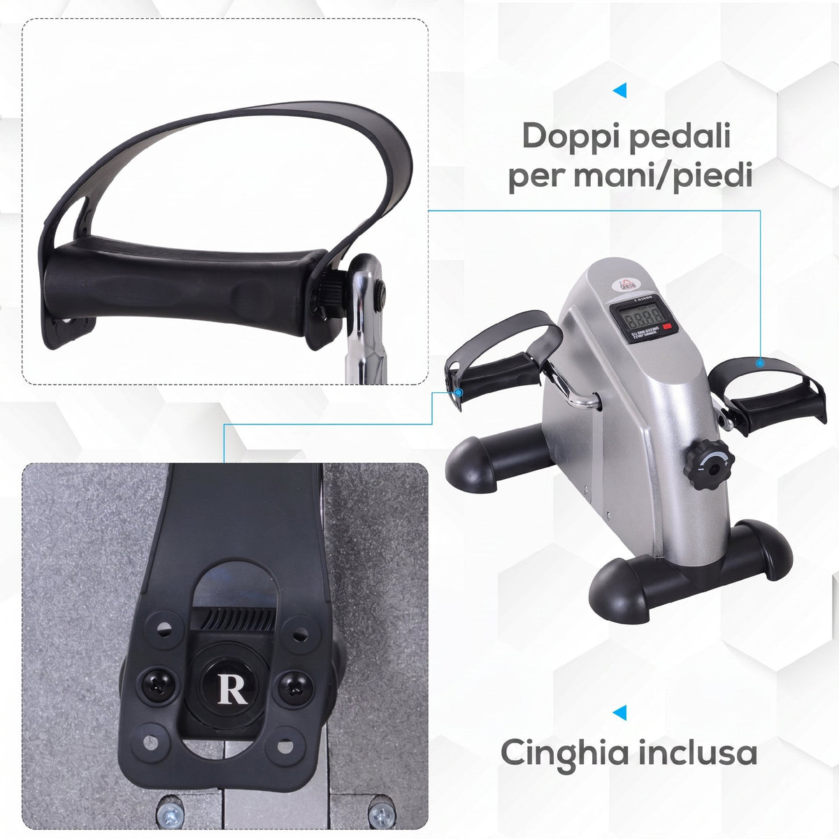 Mini Cyclette Portatile per Gambe e Braccia, Pedaliera per Riabilitazione con Display LCD, Argento