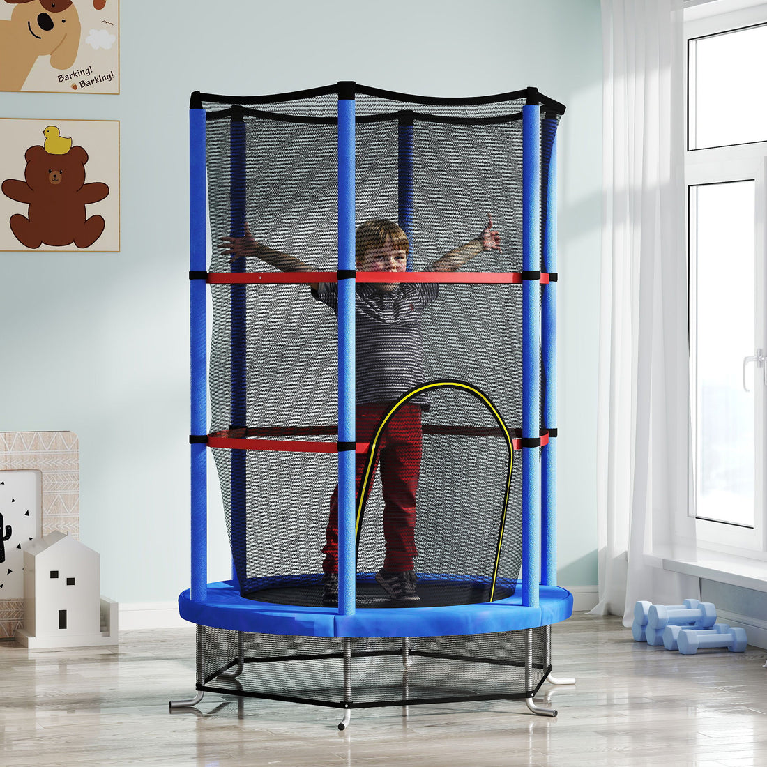 Tappeto Elastico per Bambini 3-6 Anni con Rete di Protezione, 6 Colonne e 3 Ingressi, 140x190 cm, Blu e Nero