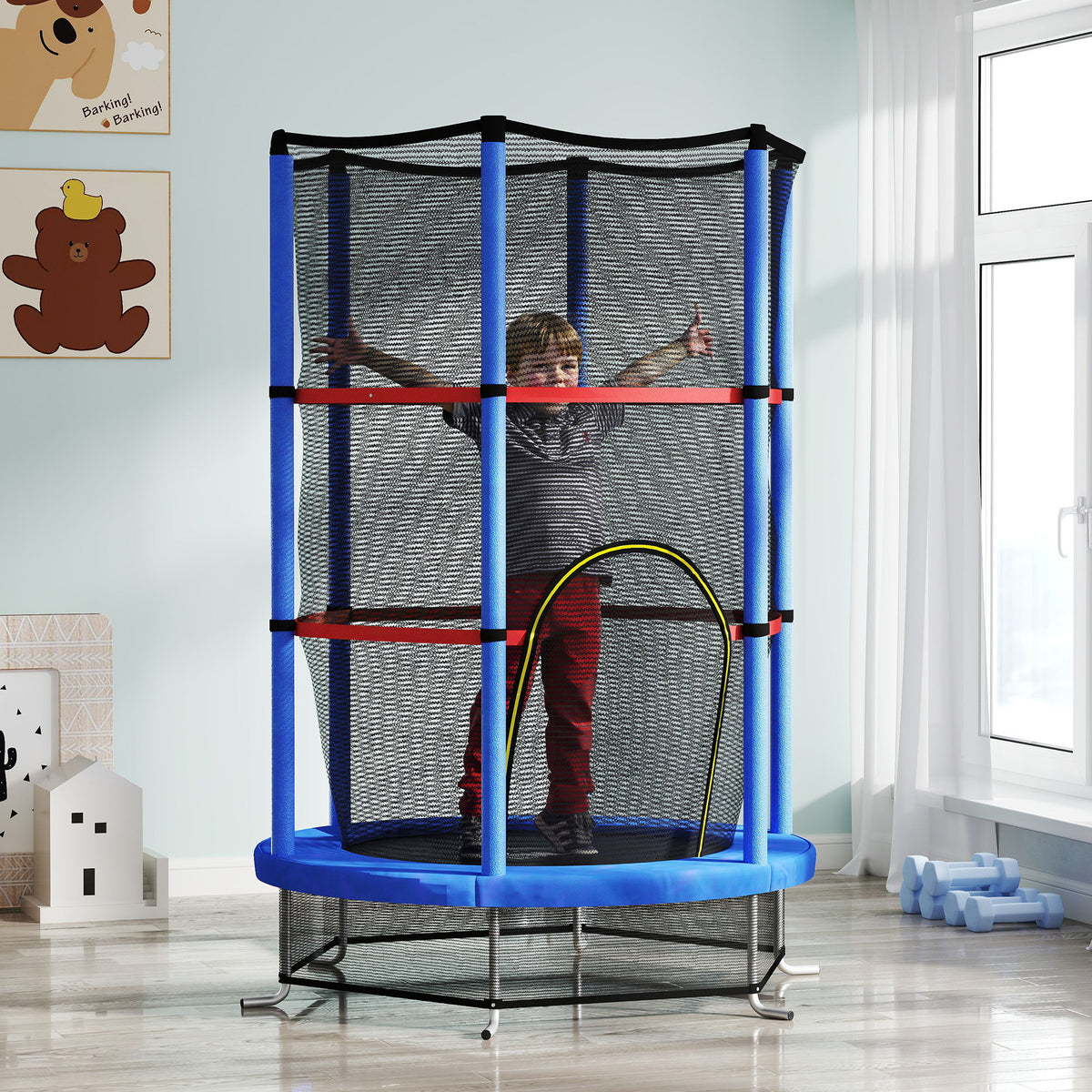 Tappeto Elastico per Bambini 3-6 Anni con Rete di Protezione, 6 Colonne e 3 Ingressi, 140x190 cm, Blu e Nero