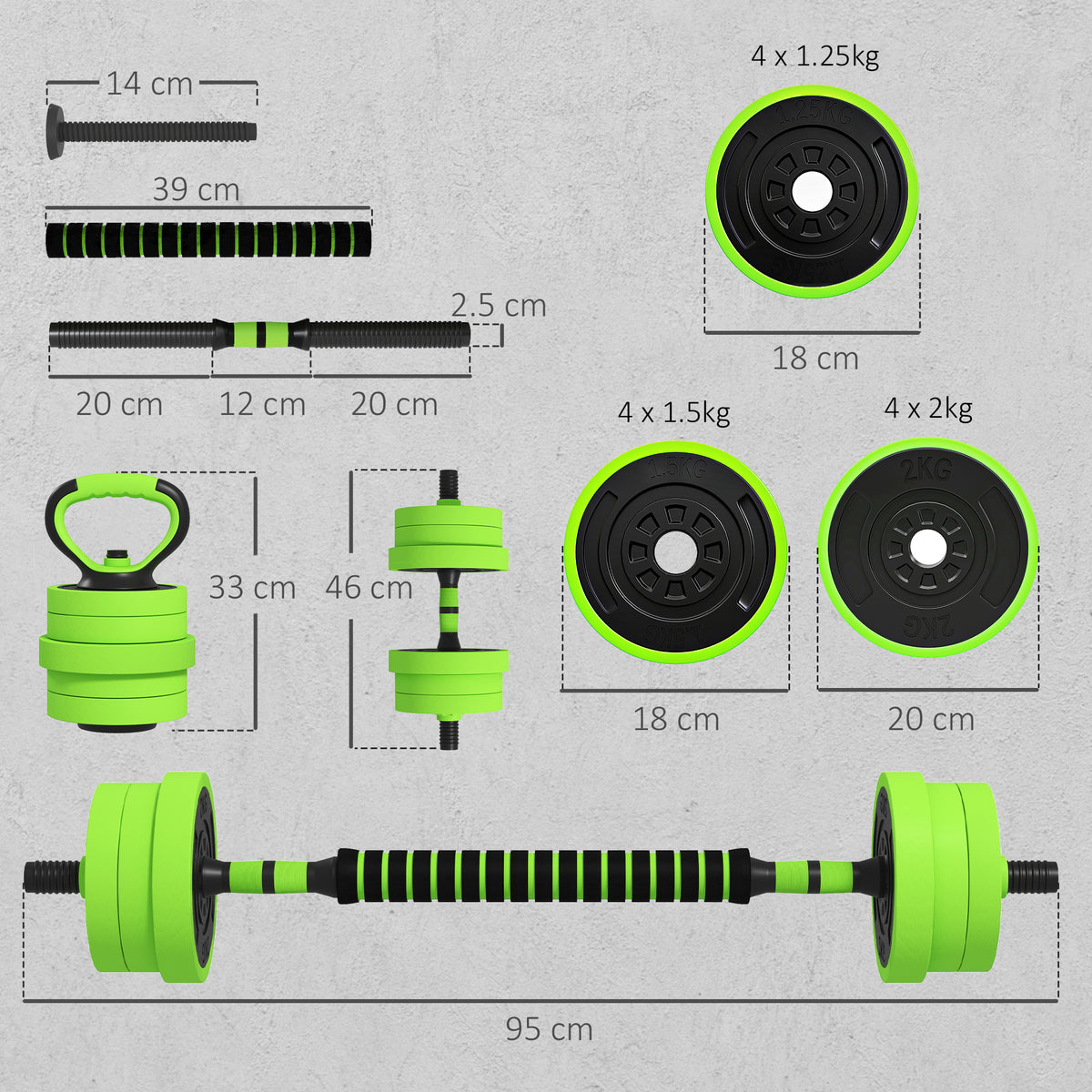 Set Pesi da Palestra 4 in 1 da 20kg, Convertibile in Kettlebell, 2 Manubri, Bilanciere e Supporto Flessioni, Verde