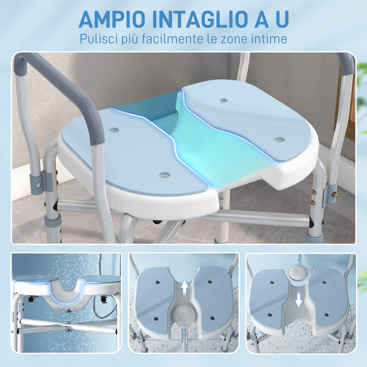 Sgabello da Doccia con Seduta Scanalata e Braccioli, Altezza Regolabile e Piedini Antiscivolo, Azzurro