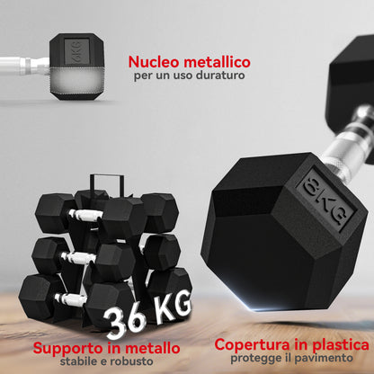 Set di Manubri Palestra con Supporto in Metallo con Impugnatura Antiscivolo, 2x4kg, 2x6kg, 2x8kg, Nero