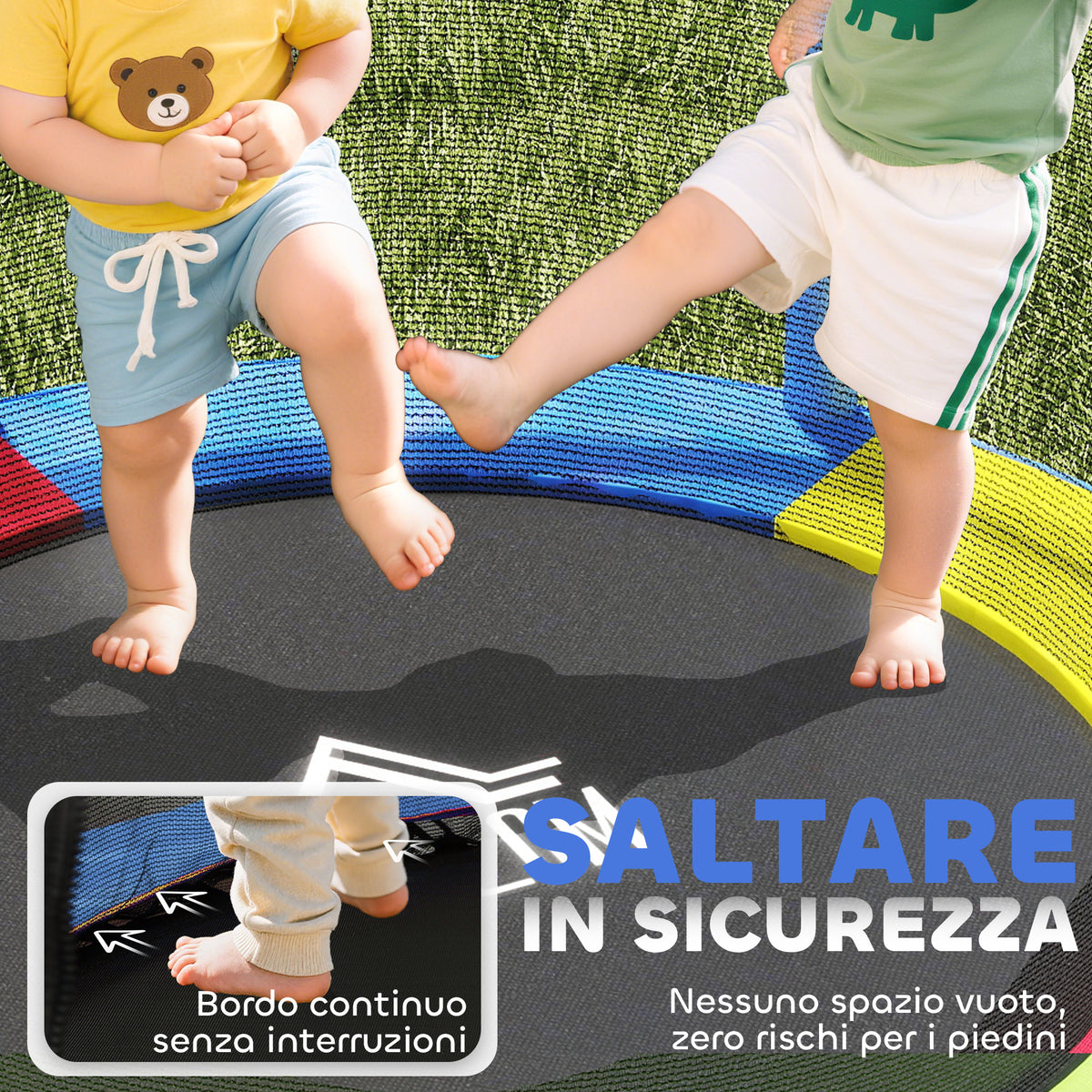 Tappeto Elastico per Bambini 3-6 Anni con Rete di Protezione, 6 Colonne e 3 Ingressi, 140x190 cm, Multicolore