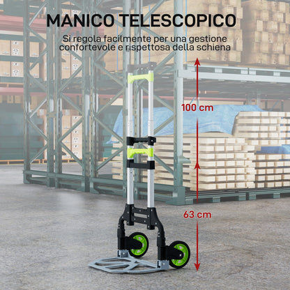 Carrello Portapacchi Pieghevole Capacità 70 kg con Maniglia Telescopica in Alluminio, Argento