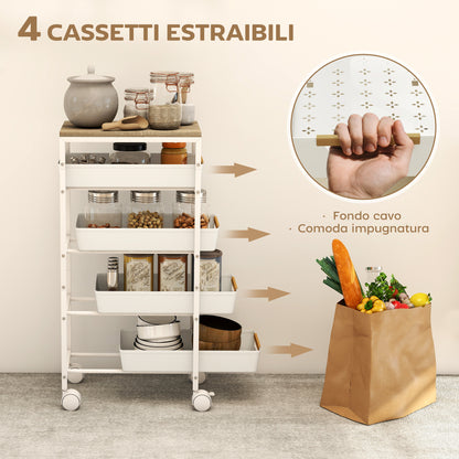 Carrello da Cucina a 5 Livelli con 4 Cesti Estraibili, in Metallo, PP e Legno, 39.5x24x82 cm, Bianco e Rovere