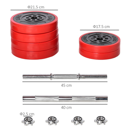 Set di Manubri Pesi 2 in 1 da 30kg, Dischi con Rivestimento in Plastica Antigraffio, Rosso e Nero