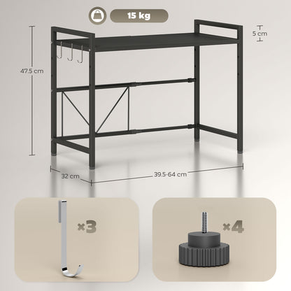 Porta Microonde Estensibile a 2 Livelli con 3 Ganci, in Metallo, 39.5-64x32x47.5 cm, Nero