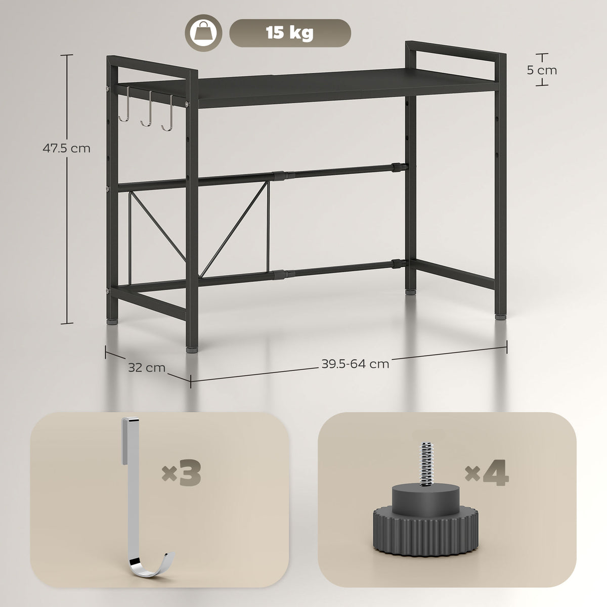 Porta Microonde Estensibile a 2 Livelli con 3 Ganci, in Metallo, 39.5-64x32x47.5 cm, Nero
