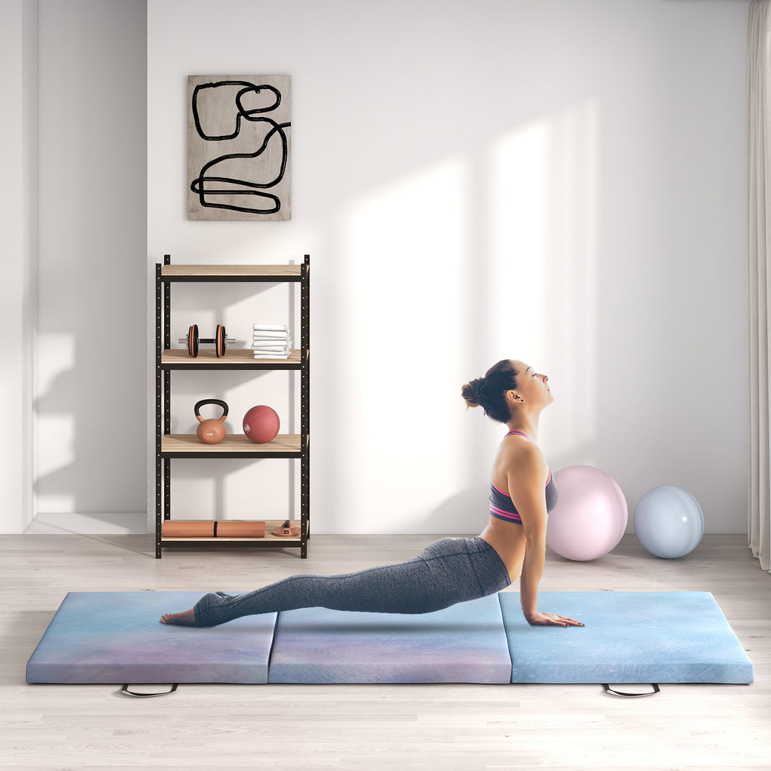 Tappetino da Ginnastica 180 cm Pieghevole, Crash Mat Spesso 5 cm con Maniglie per Allenamento a Casa, Azzurro