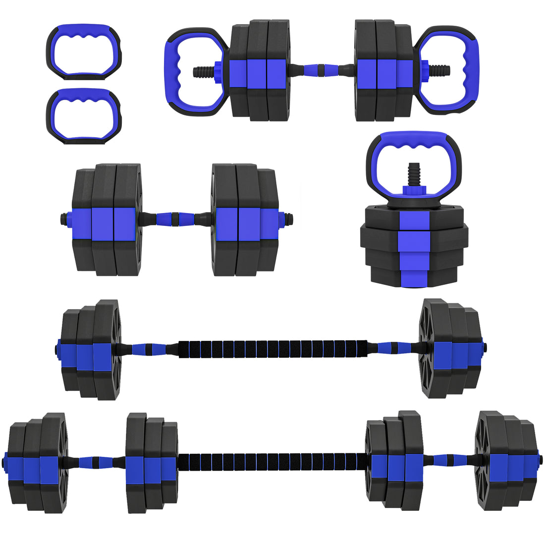 Set Pesi da Palestra 6 in 1 in Plastica e Sabbia Utilizzabile come Kettlebell Manubri Bilanciere Supporto Blu