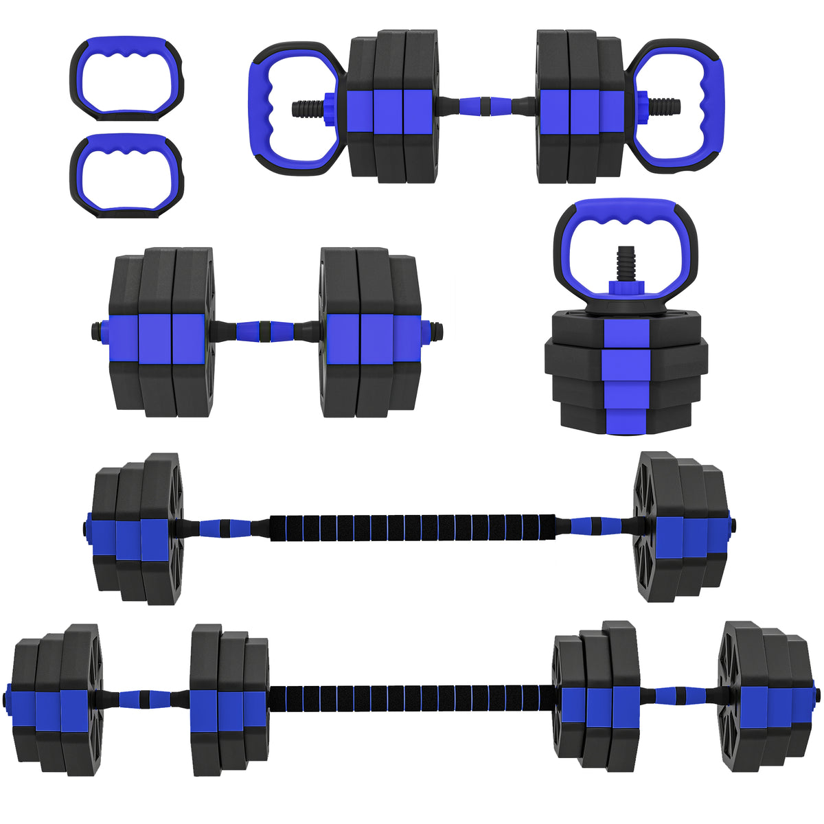 Set Pesi da Palestra 6 in 1 in Plastica e Sabbia Utilizzabile come Kettlebell Manubri Bilanciere Supporto Blu