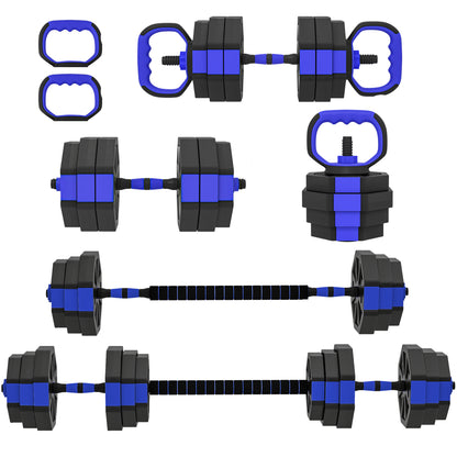 Set Pesi da Palestra 6 in 1 in Plastica e Sabbia Utilizzabile come Kettlebell Manubri Bilanciere Supporto Blu