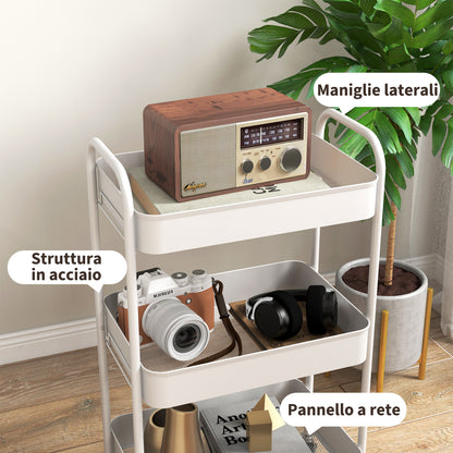 Carrello da Cucina a 3 Livelli con Maniglie e 4 Rotelle, in Acciaio, 45x30.6x79 cm, Bianco