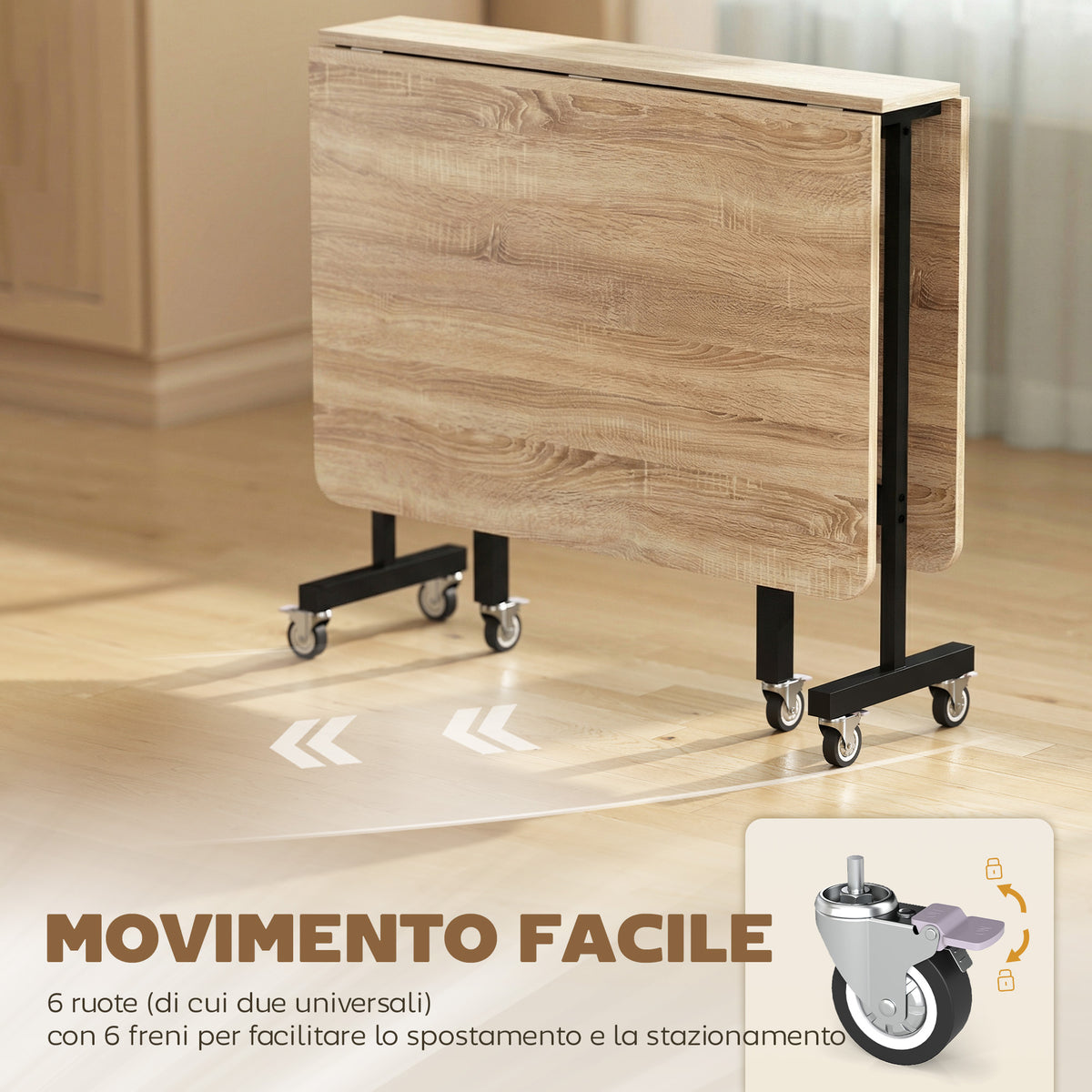 Tavolo Pieghevole per 4-6 Persone con 2 Ribalte e Ruote con Freno, 120x80x73 cm, Rovere